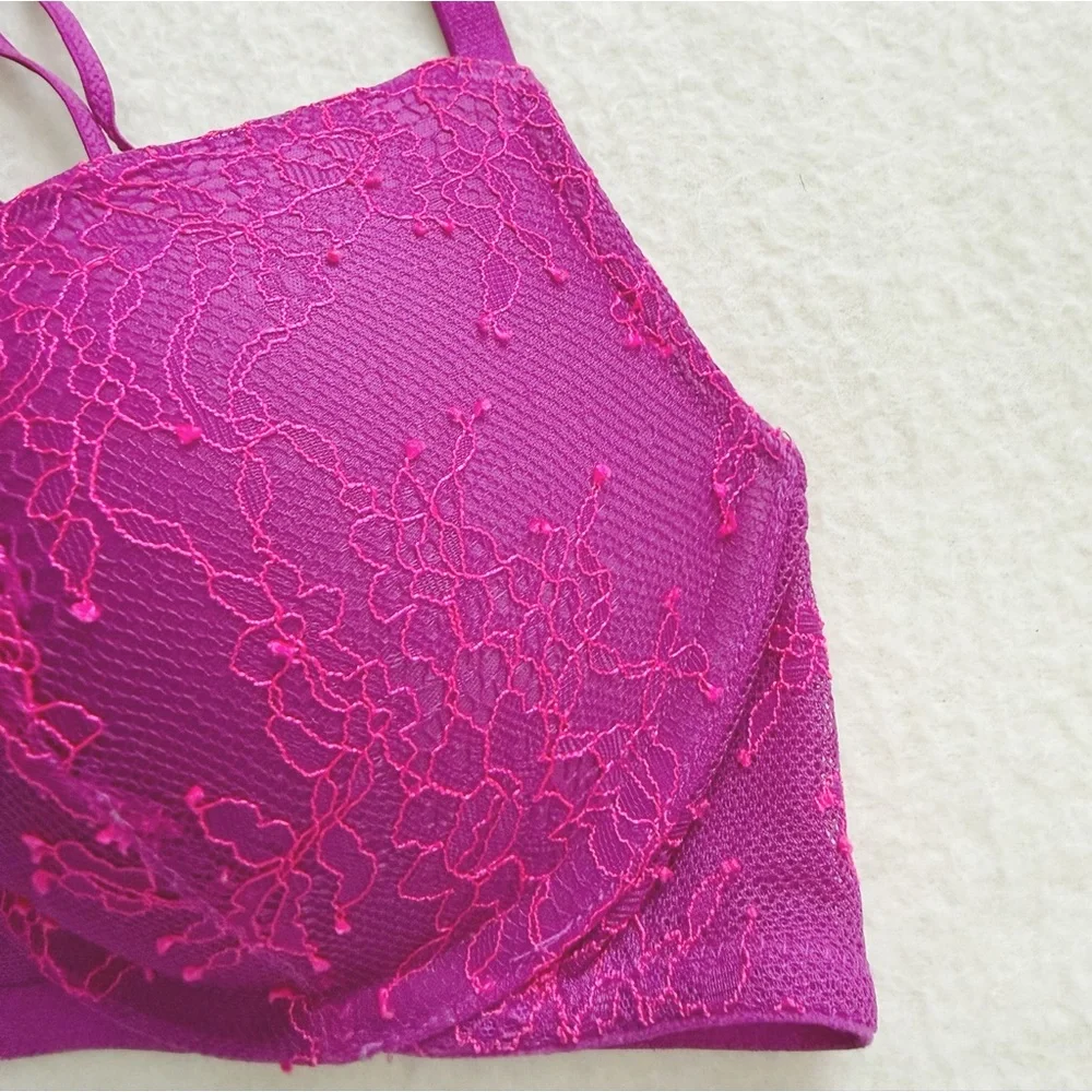 Victoria's Secret Very Sexy Magenta Floral Lace Front-Close Push-Up Bra 32B - Picture 5 of 16